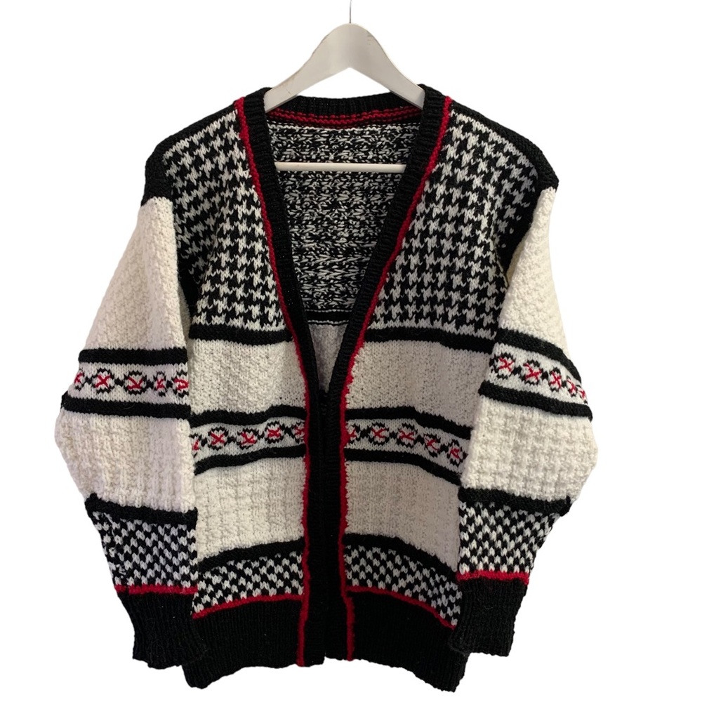 Vintage Women’s Houndstooth V Neck Hand Knit Sweater Cardigan Black Cream Red
